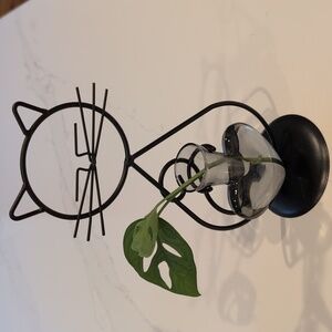 Black Wire Cat Hydroponic Desktop Smoky Glass Flower Vase Holder